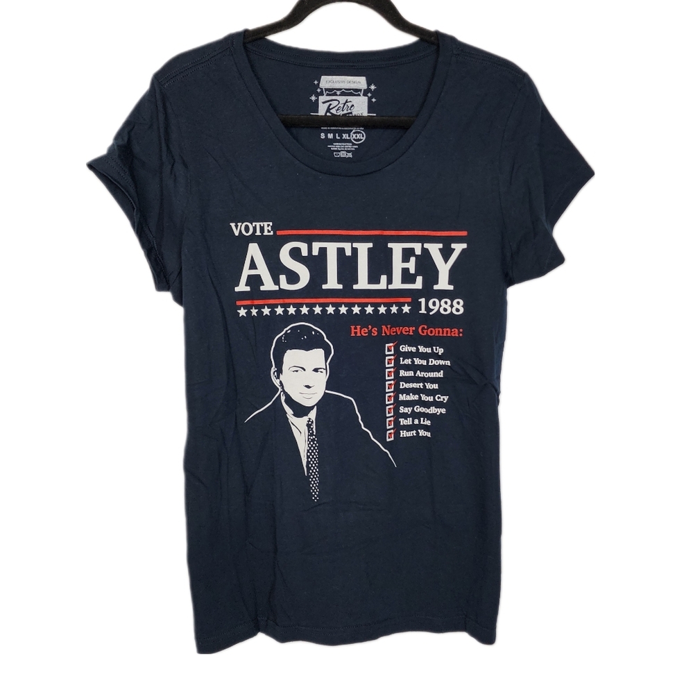NWOT Retro Pop Box Exclusive Vote Rick Astley 1988 Women's Graphic T Shirt Navy